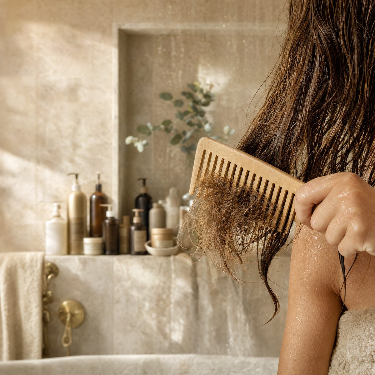 Wooden comb pulling through frizzy, tangled wet hair