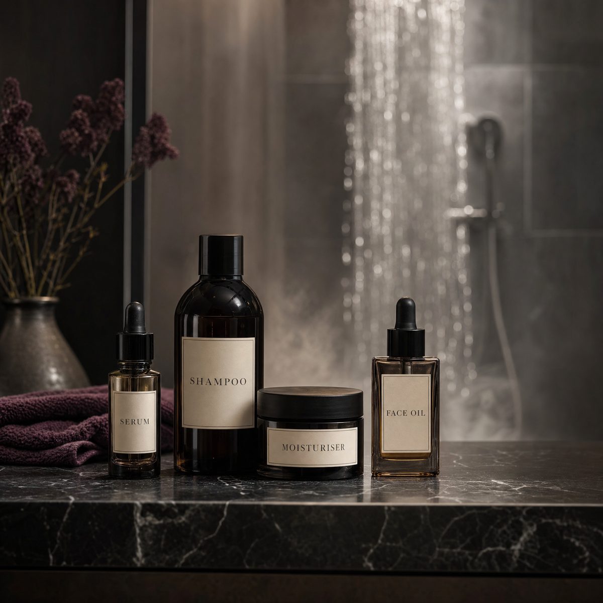 Shampoo, serum, moisturiser and face oil beside a running shower